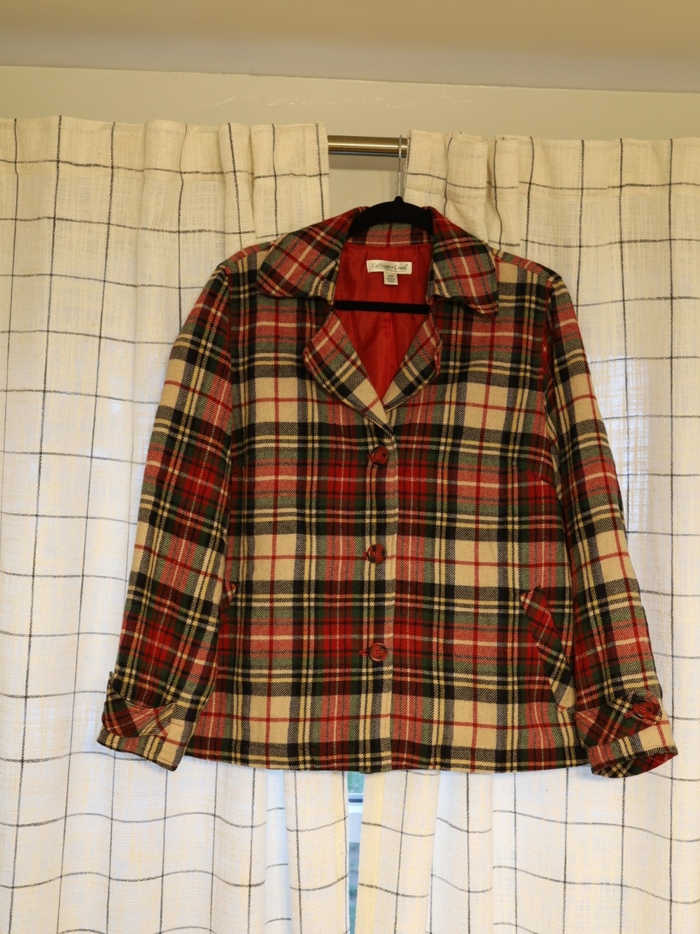 Coldwater Creek Red Black Cream Plaid Pea Coat